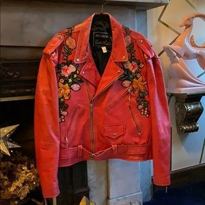 Vintage Designer red leather hand sewn embellish